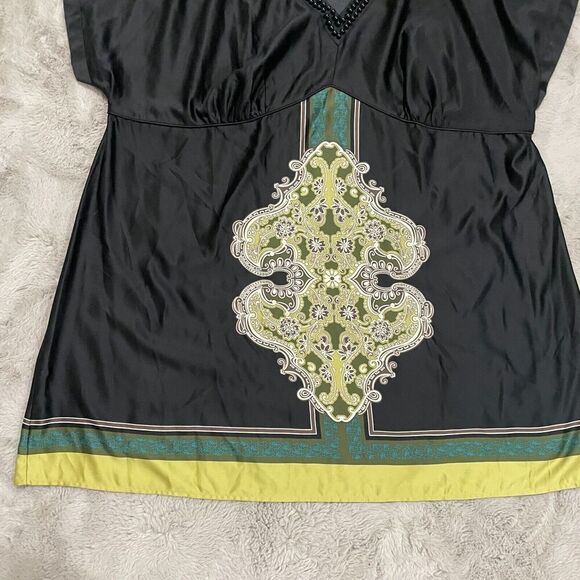 Lane Bryant Silky Beaded V-Neck Tie Back Dress Plus Size 28 Black & Green Boho‎ - Picture 2 of 9